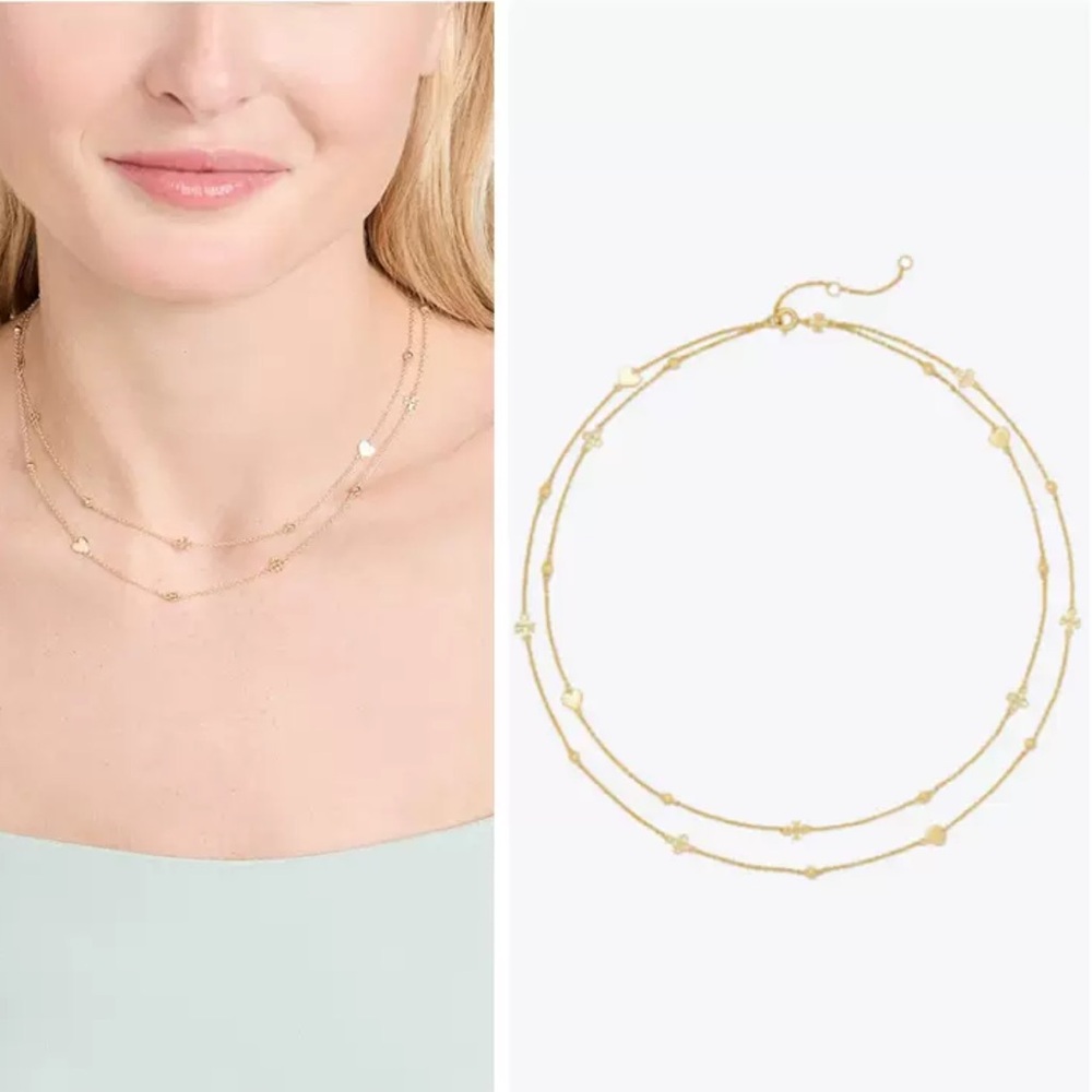 Tory Burch Kira Layered Necklace Gold 18k Plated Logo Heart Charms NEW - Picture 3 of 6